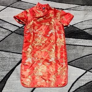GIRLS TRADITIONAL CHINESE QIPAO/CHEONGSAM RED & GOLD DRAGON DRESS